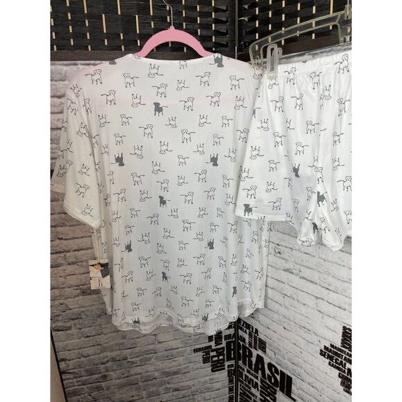 Ed by Ellen Degeneres L White Dog Print Baseball Style Top Shortie Pajama Set - Picture 5 of 7